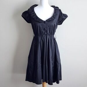 Ruffle Neck Button Front Dress Womens M Black Fit Flare Goth Witchy Lolita Punk